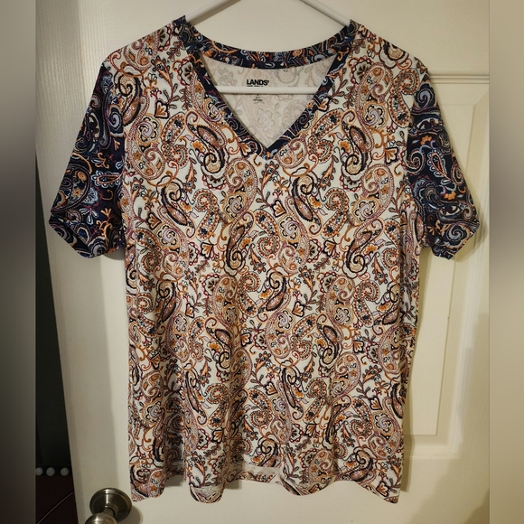 Lands' End Tops - Lands' End Women's Cotton Short Sleeve V Neck T-Shirt Paisley Print Size L 14-16